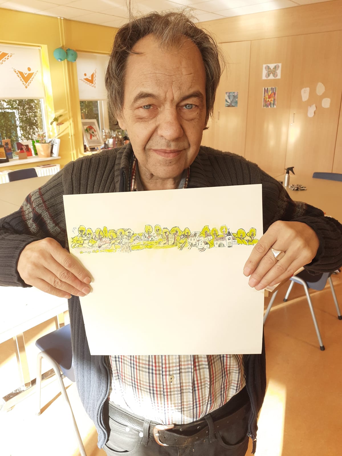 Jaap van de Craats, 62 jaar. Pentekening "Het landschap" gemaakt in Ons huis, Solidez. Materiaal: pen, kleurpotloden en papier.